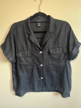 Tahari 100% Linen Black Button Front Boxy Blouse XL